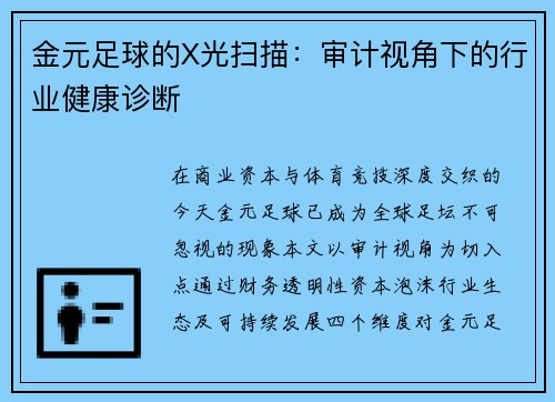 金元足球的X光扫描：审计视角下的行业健康诊断