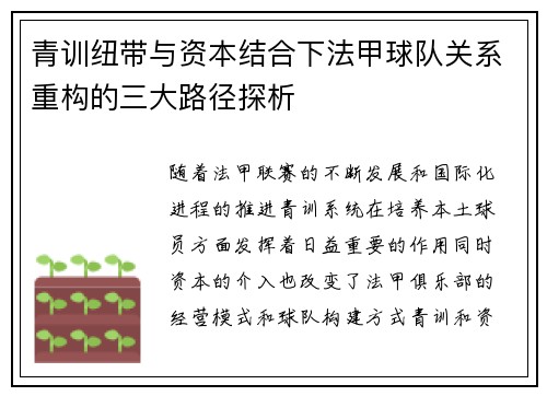 青训纽带与资本结合下法甲球队关系重构的三大路径探析